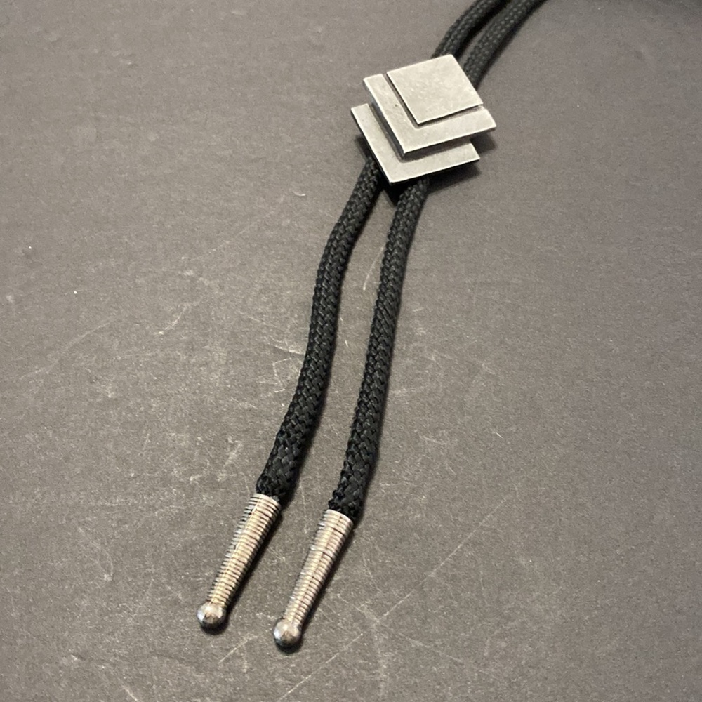 Vintage Pewter Tone Geometric Shape Bolo Tie w silver tips